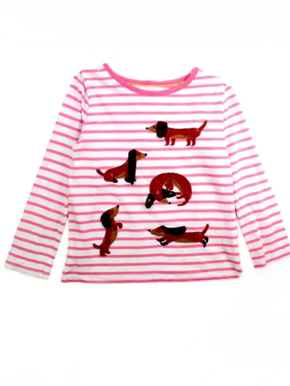 Mini Boden Girls' Pink Stripe Dachshund Applique Long-Sleeve Top Size 9-10Y